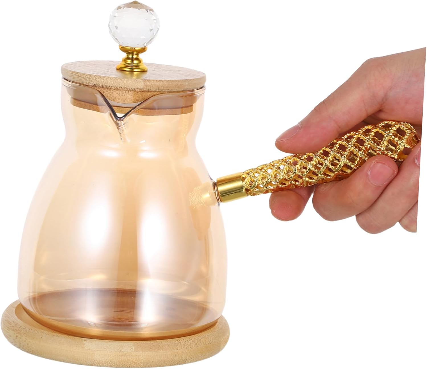 HOLIDYOYO Turkish Coffee Pot Glass Teapot with Long Heat-Resistant Handle for Manual Brewing Stovetop Espresso Maker and Loose Leaf Tea Elegant Gold Finish for Home and Office Use image number 2