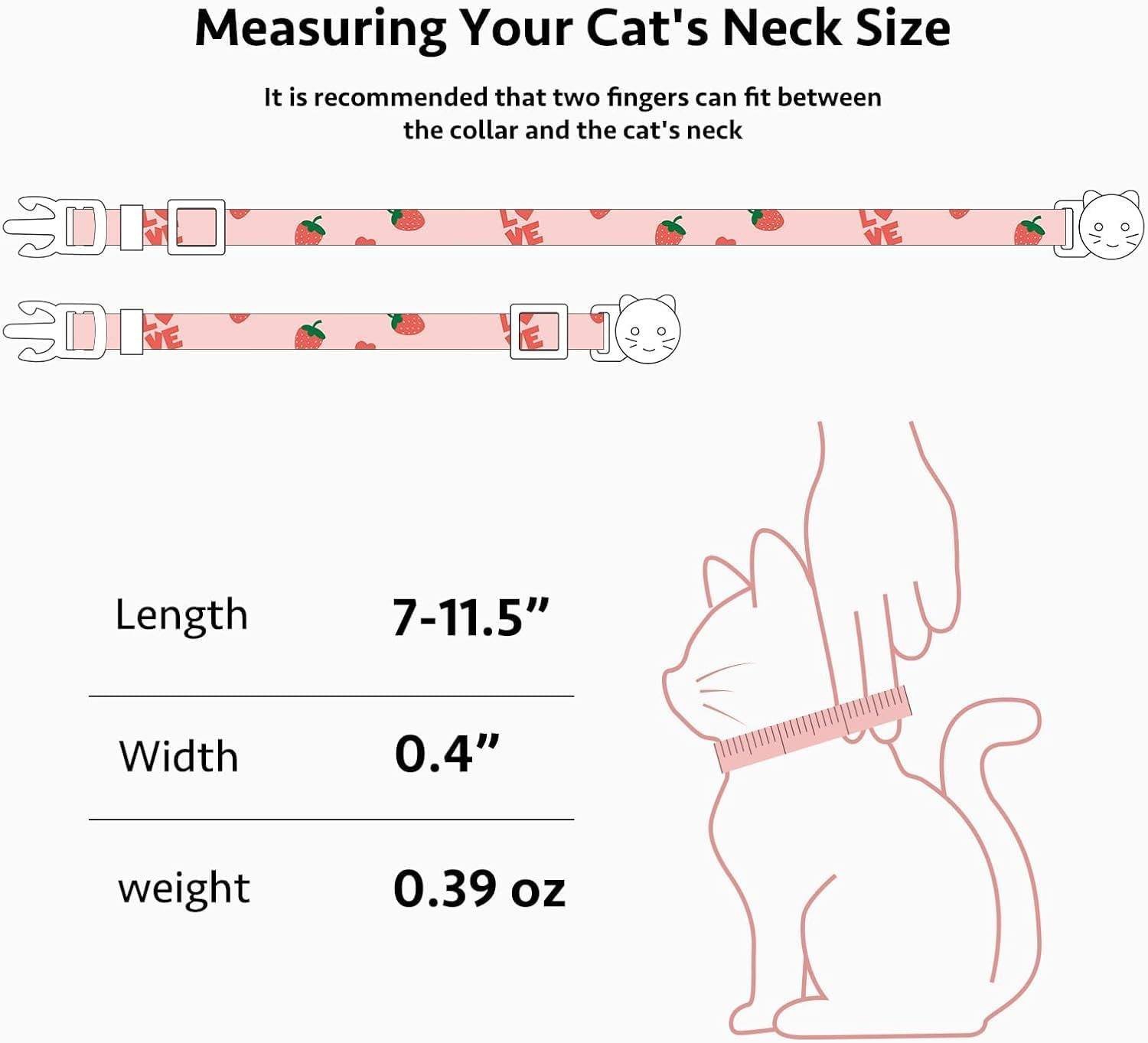 2-Piece Cotton Detachable Cat Collar Pink Strawberry White Heart Pendant Cute Kitten with Bell Cat Collar Suitable for Boys and Girls. - Pinkwhite image number 4
