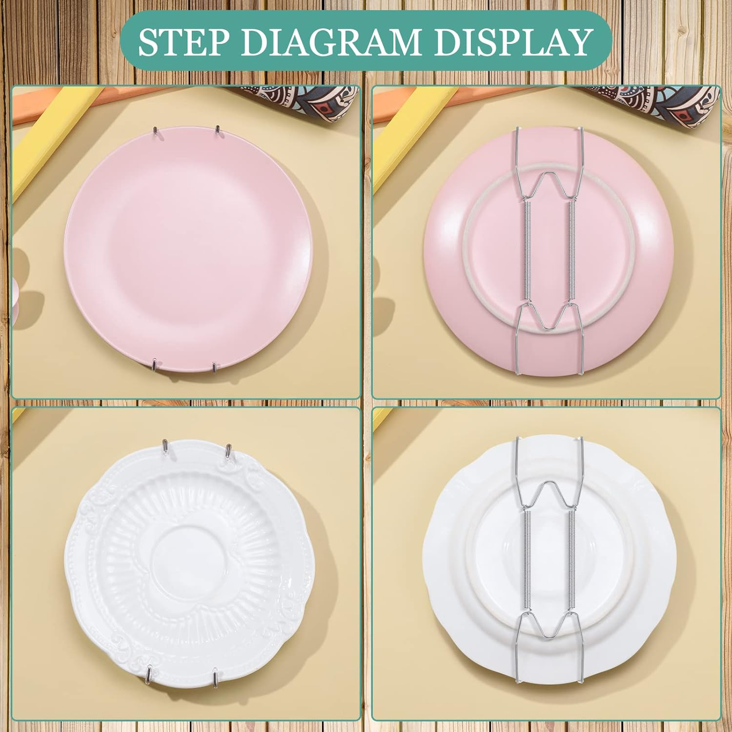 Hotop 12 Pieces Plate Hangers for Wall 6 Inch Stainless Steel Wire Invisible Plate Hangers Heavy Duty Display Holders with 12 Pieces Hooks for Wall Decorative(Silver) image number 2