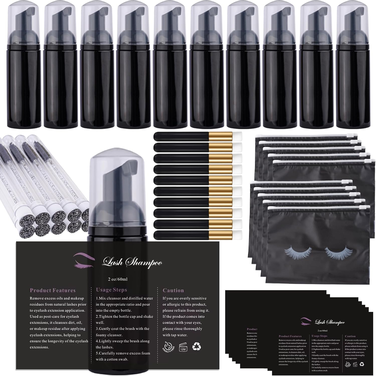 50 Pcs Lash Extension Cleaning Kit for Clients Eyelash Lash Aftercare Kit,10 Pcs Lash Brushes for Cleansing,10 Pcs Eyelash Cleaning Brush with Tubes,10 Pcs Lash Bottles Foam Pump,10 Pcs Eyelash Aftercare Bags,10 Pcs Lash Shampoo Label Stickers for Bottle (Black)