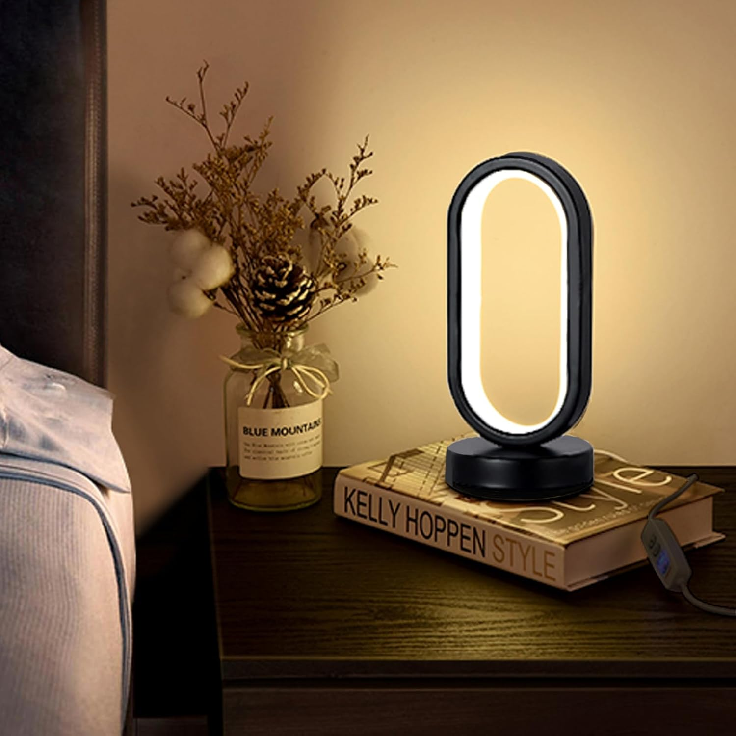 Small Modern Bedside Table Lamp, LED Oval Bedside Night Light, 3 Color Temperatures and 10 Brightness Levels, 8.6'' Desk Lamp for Bedroom, Living Room, Reading Lamp, Home Decoration, Black
