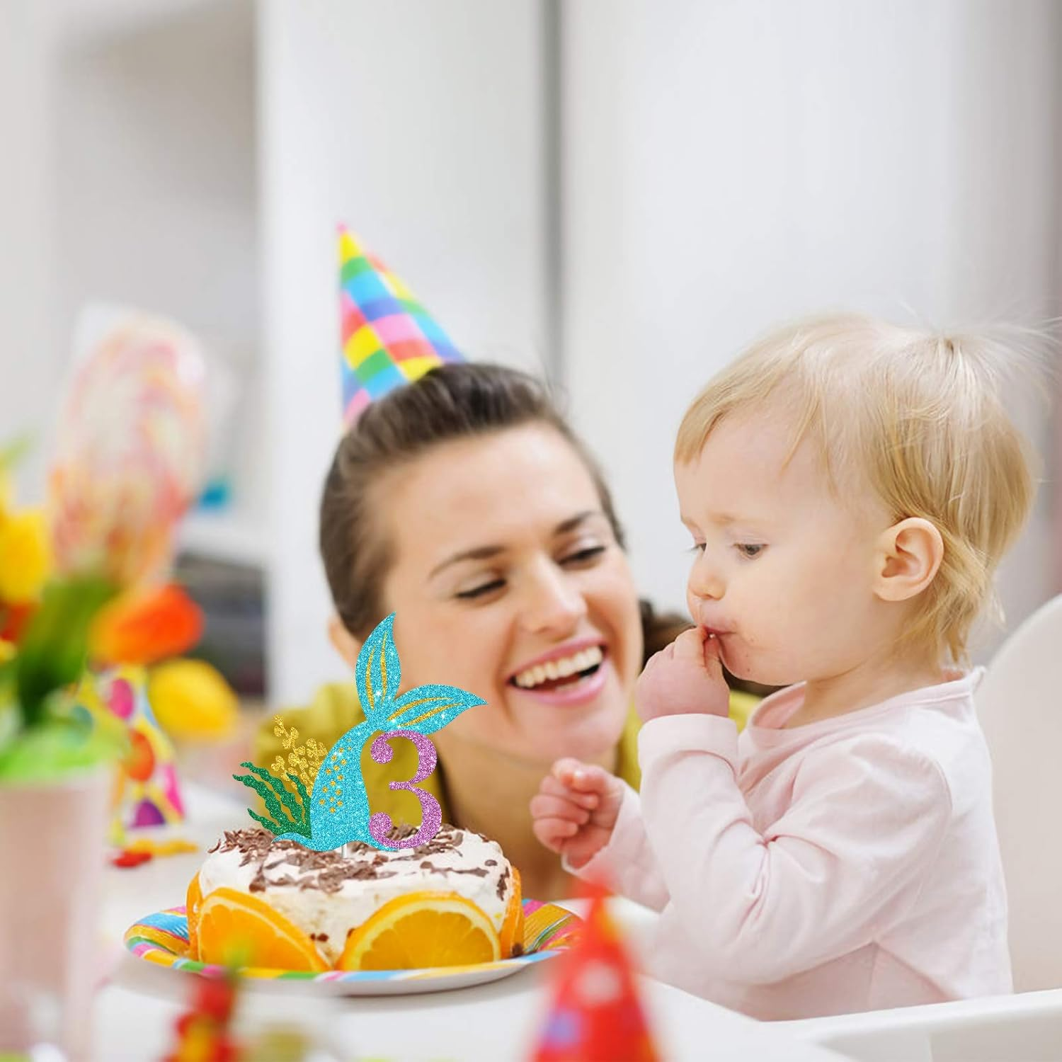 Mermaid Three Cake Topper, Happy 3Rd Birthday Cake Decor, I'M Three Sign, Little Mermaid Birthday Party Decoration Supplies, Daughter of the Sea, under the Sea Themed, Ocean Themed - Glitter image number 5