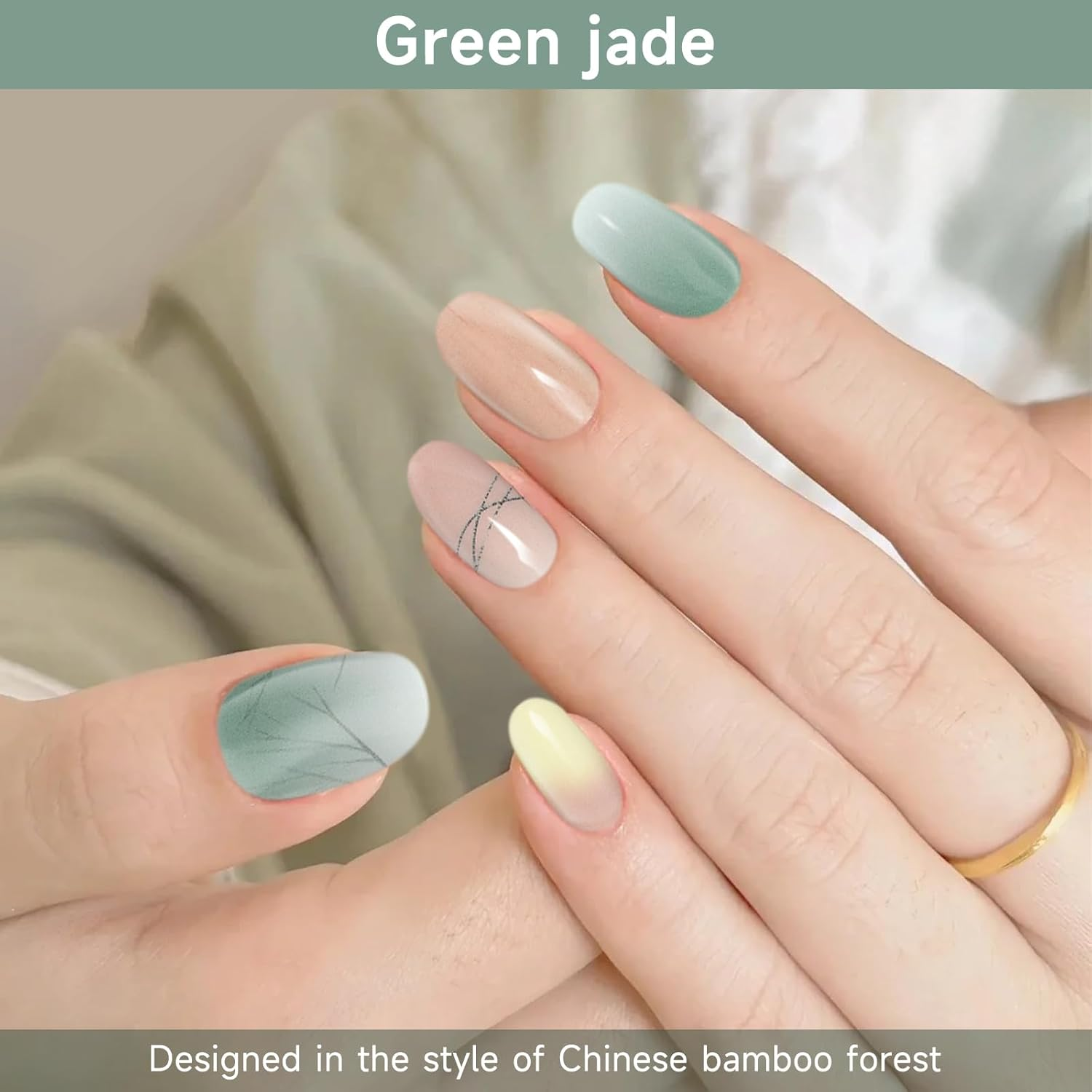 DUKASOU Semi Cured Gel Nail Strips, Green Jade | 28 Pcs Chinese Style Gel Nail Strips Work with Any UV Lamp, Salon Quality New Chinese Nail Stickers, Include Prep Pads, Nail File&Wood Stick - Begonia Position image number 6