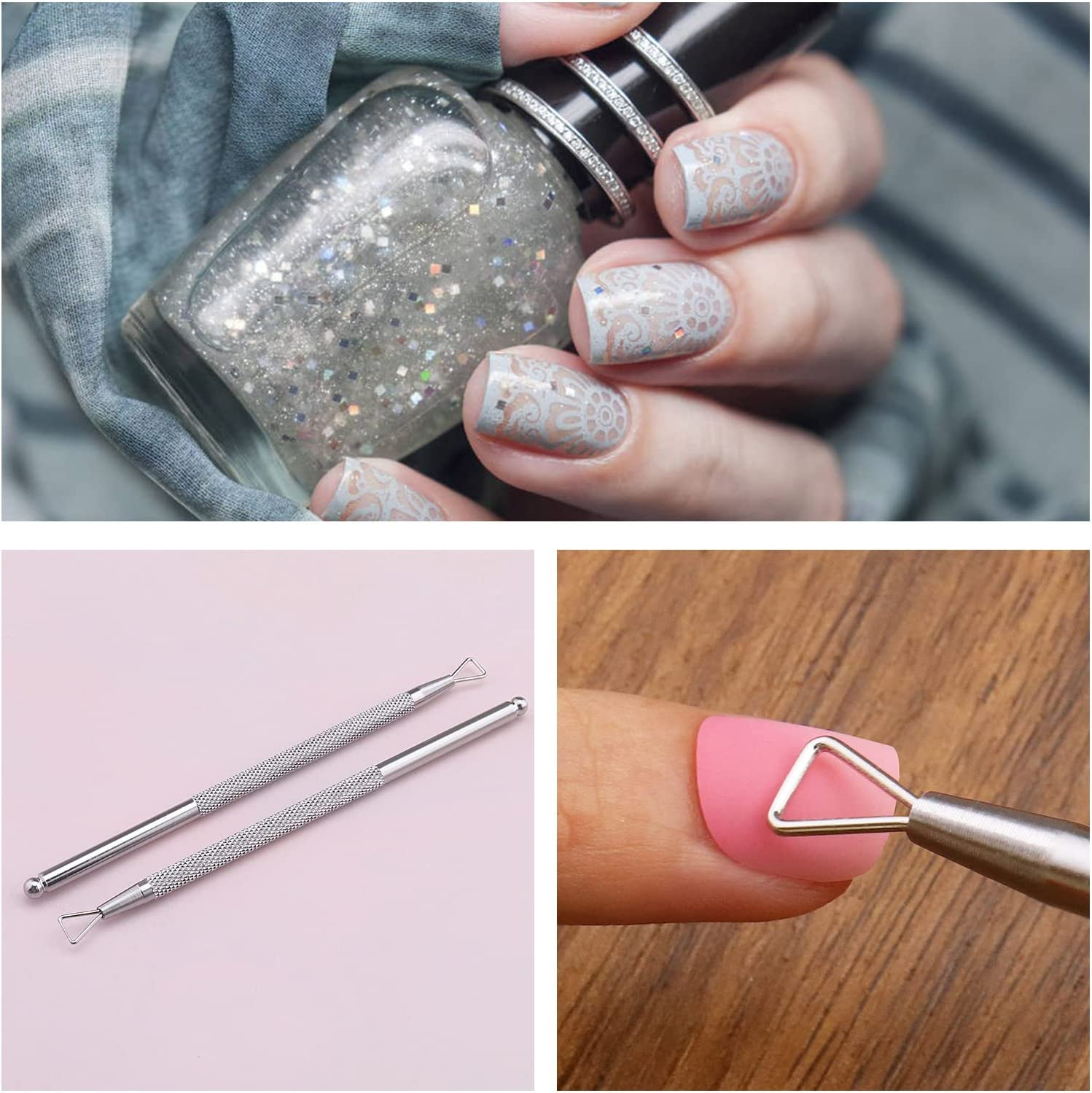 VGOL 2PCS Gel Nail Polish Removal Tool Stainless Steel Nail Scraper Cleaner Triangle Nail Art Tool Manicure Pedicure Gel Cleaning Tool for Fingernails Toenails image number 1