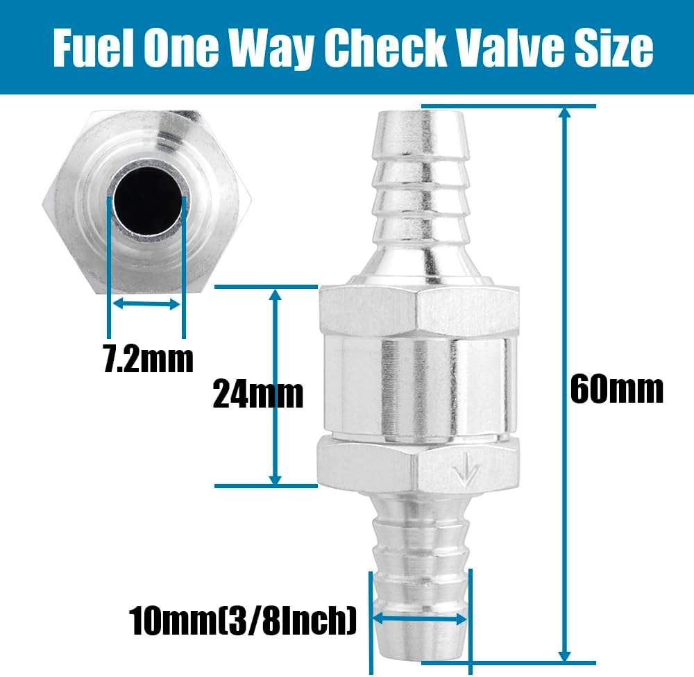Yakamoz 2PCS Fuel Non Return One Way Check Valve, 3/8" 10Mm Aluminium Alloy Fuel Line Check Valve for Fuel, Oil, Petrol, Diesel, Water, Gasoline, Aluminium, Silver image number 1