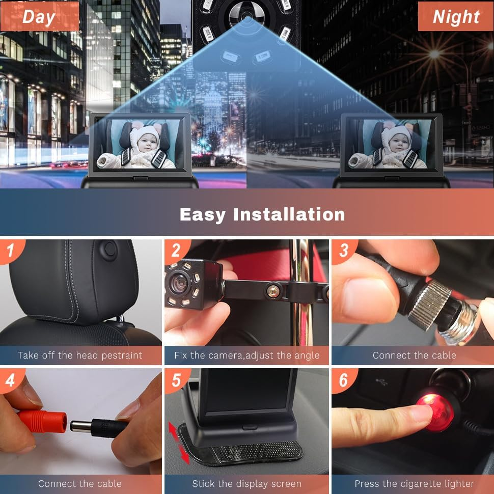 Tootoo LED Night Vision Car Seat Camera Baby Monitor W/ 4.3 Inch Folding Display Screen image number 5