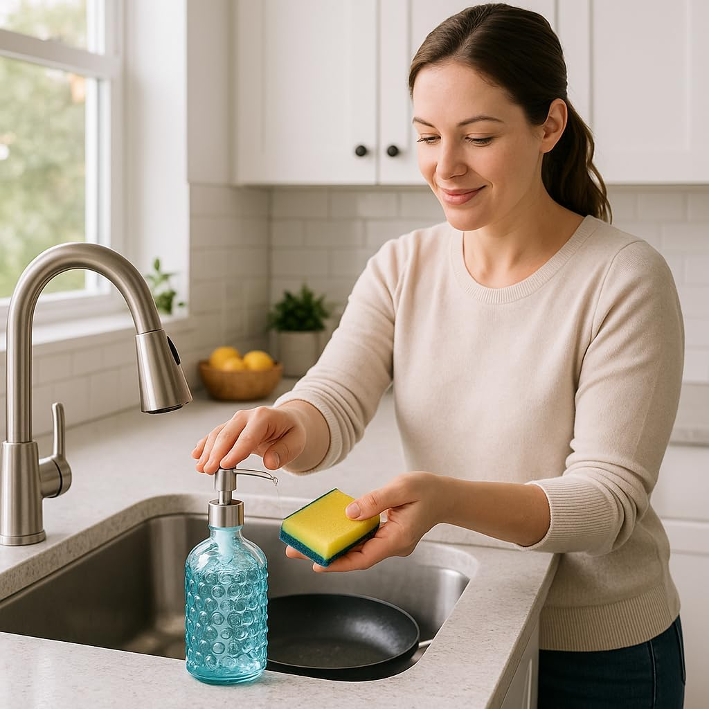 Creative Home 12 Oz Transparent Dot Glass Lotion Liquid Soap Dispenser Refillable Hand Soap Sanitizer Dispenser with Stainless Steel Pump for Bathroom Countertop Kitchen Dish Soap, Sky Blue image number 5