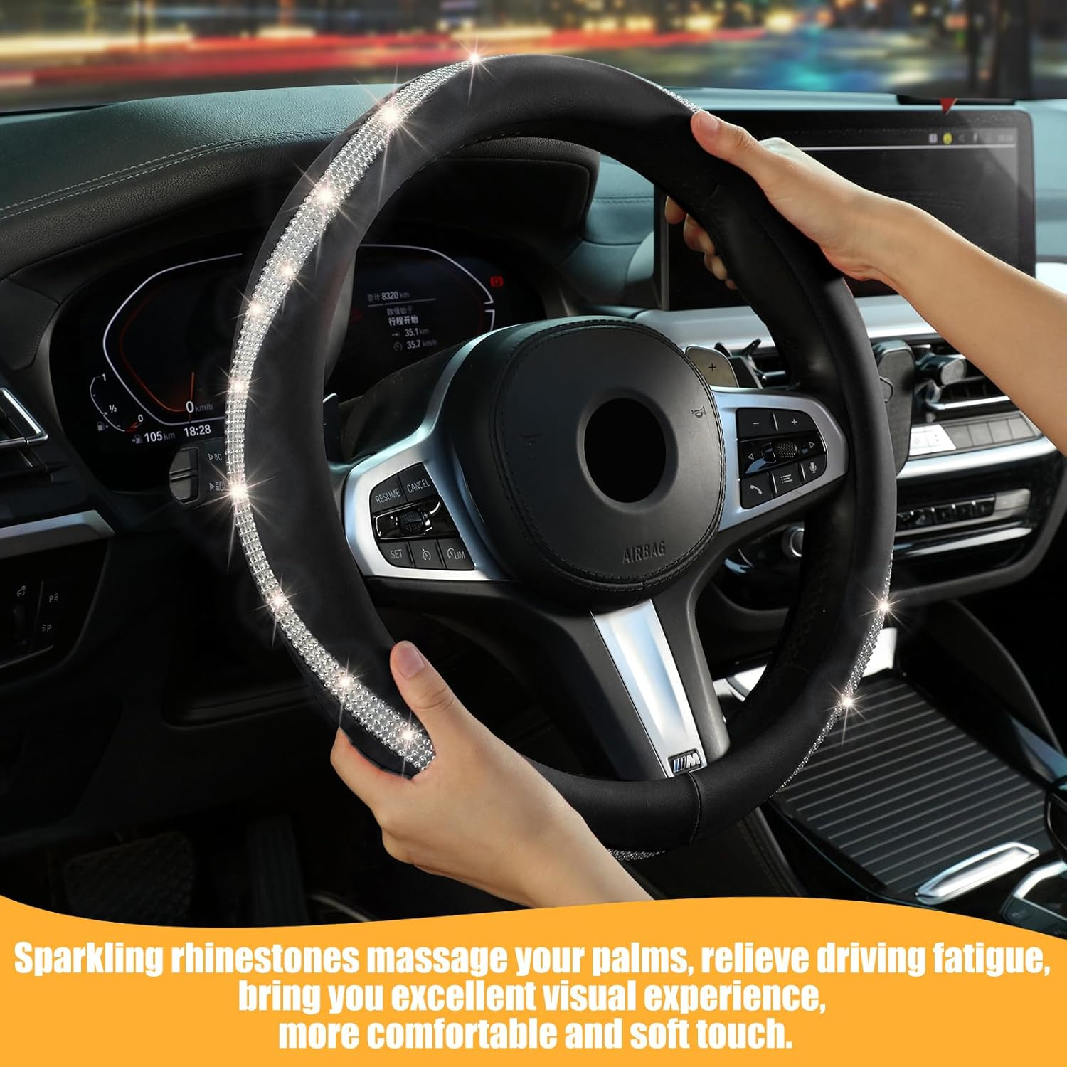 New Diamond Leather Steering Wheel Cover with Bling Crystal Rhinestone, Delicate and Anti-Slip Sparkly ，Fit 14" 1/2-15" Car Wheel Protector for Women Girl ，Black & White Diamond - Black+Pink image number 7