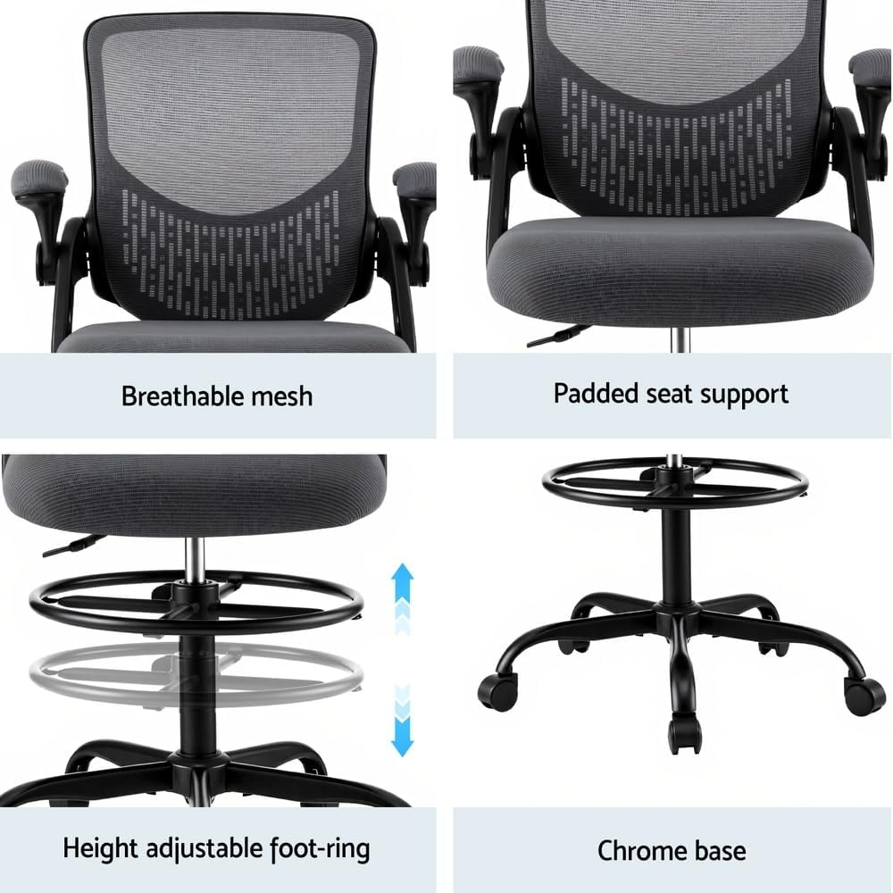 Artiss Office Chair Drafting Chairs Stool Home Office Computer Desk Chair Studios Mesh Grey image number 3