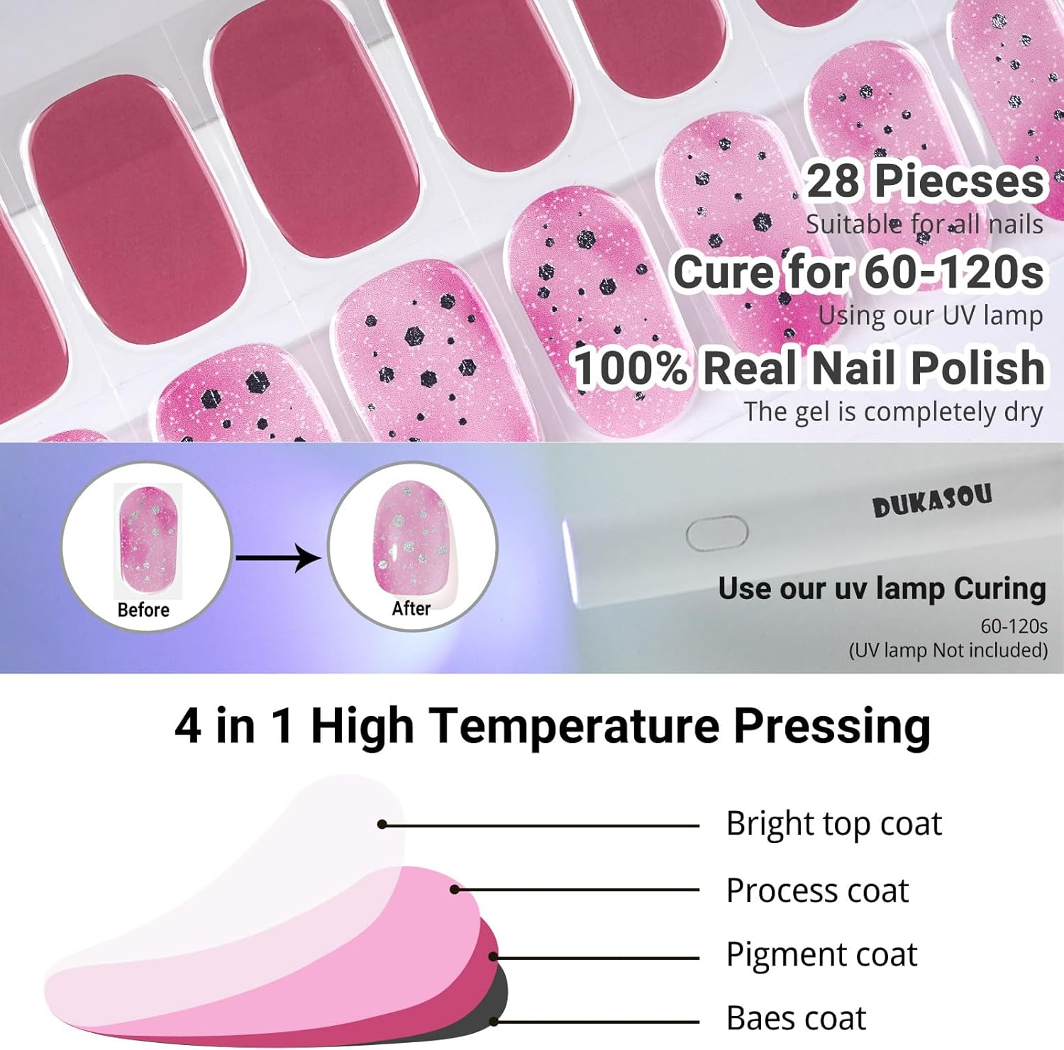Semi Cured Gel Nails Strips 28 Stickers Nail Wraps Soft Self-Adhesive Gel Nail Stickers Salon-Quality Gel Nail Strips for Nails Manicure Nail Wraps Works with Any Nail Lamps - Glossy Grape Purple image number 1