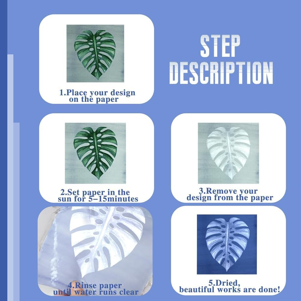 Aribrnten 120Sheets Sun Print Paper Kit Cyanotype Paper Solar Drawing Paper,High Sensitive/Solar Activated Printing Art image number 3