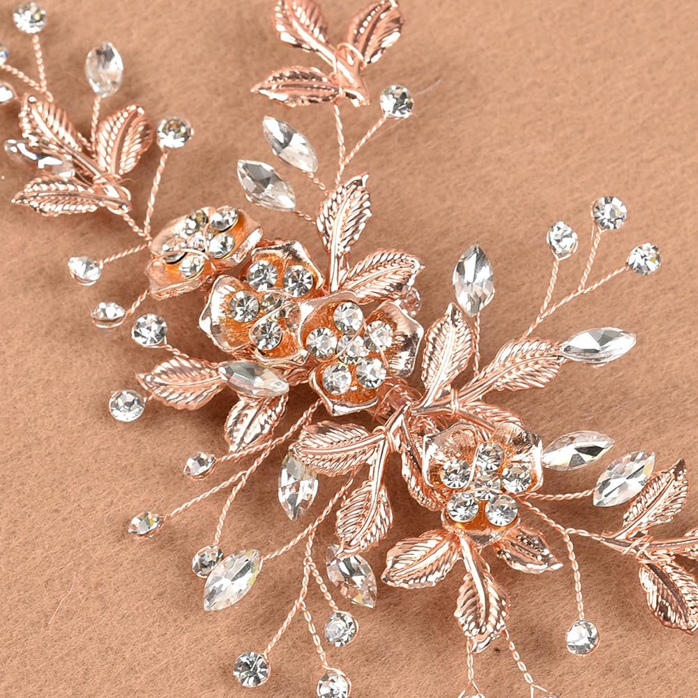 Rose Gold Bridal Hair Clip Flower Rhinestone Hair Clips Wedding Crystal Hairpins Elegant Bridesmaid Hair Clips Bridal Shower Hair Accessories image number 1
