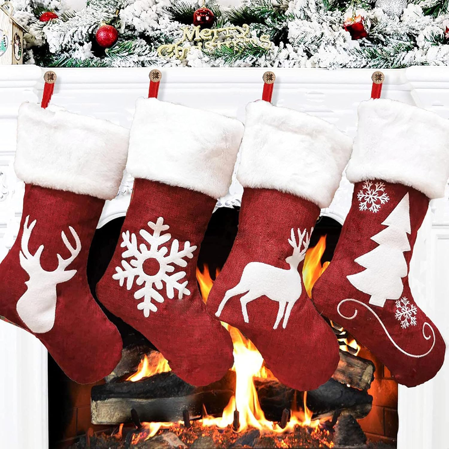 Meajore 2 Pcs Christmas Stockings New Set, 3D Gnomes Santa Christmas Stockings Personalized (18Inch) Soft Classic Red and Grey Fireplace Hanging for Family Holiday Xmas Party Decorations