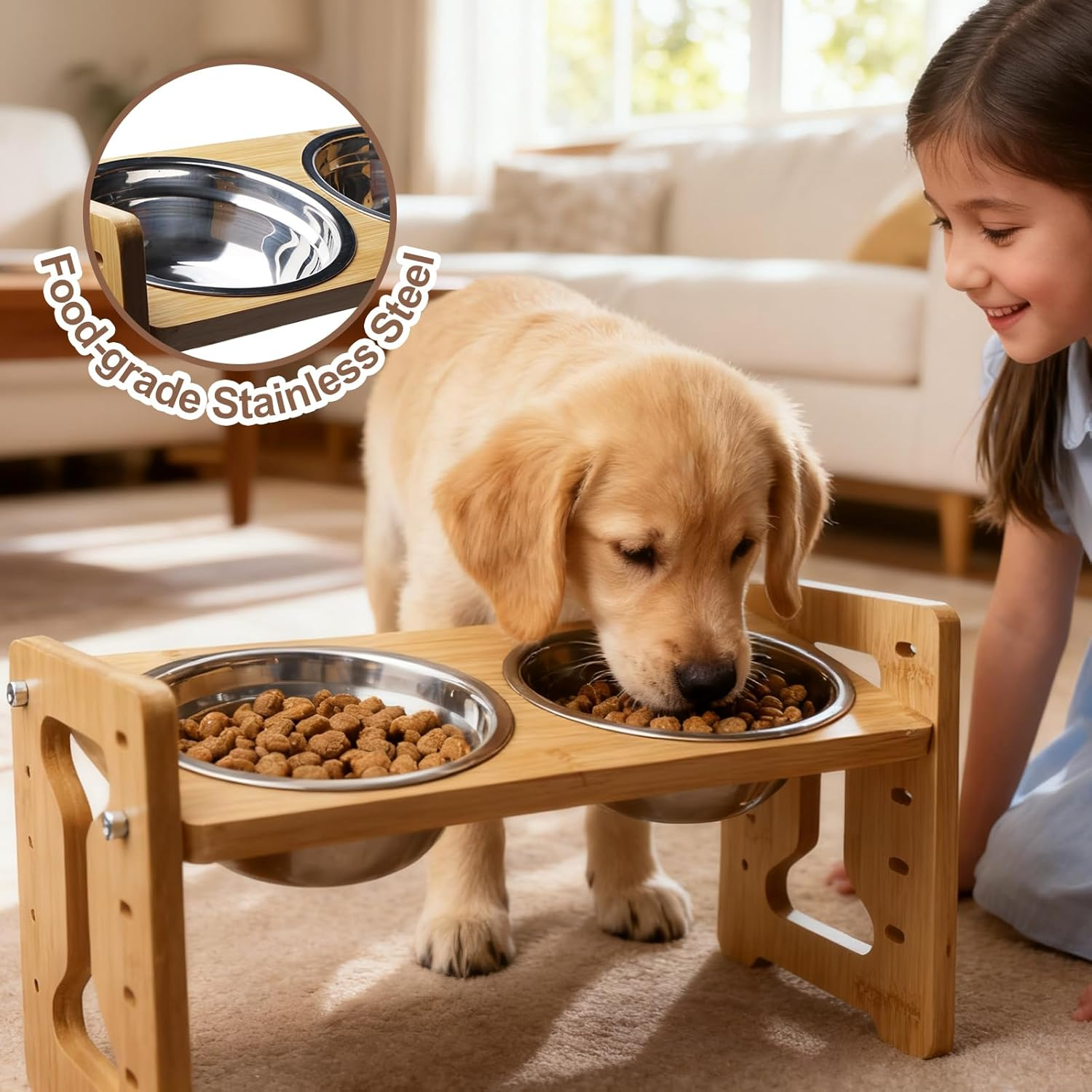 Aicharynic Raised Dog Bowl with Stand, Height Adjustable Feeding Bowl, Bamboo Feeding Station for Small Dogs and Cats, with 2 Stainless Steel Bowls image number 5
