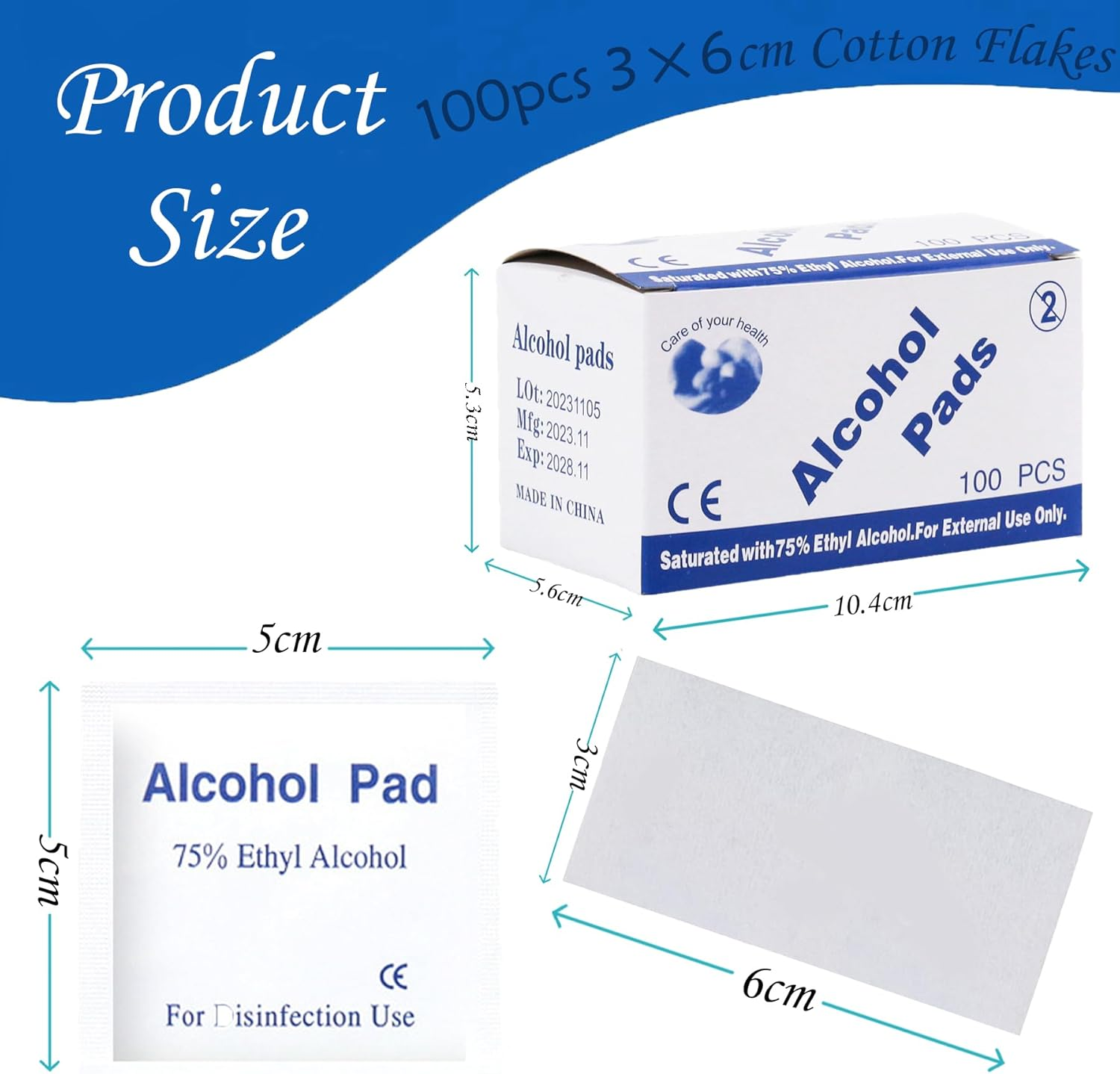 Wakouter Alcohol Pad Swabs Skin Cleansing Wipes Saturated with 75% Ethanol, 100 Pcs Lndividually Wrapped Disposable Alcohol Wipes, Used for Skin Preparation and Equipment Disinfection (6X3Cm) image number 5