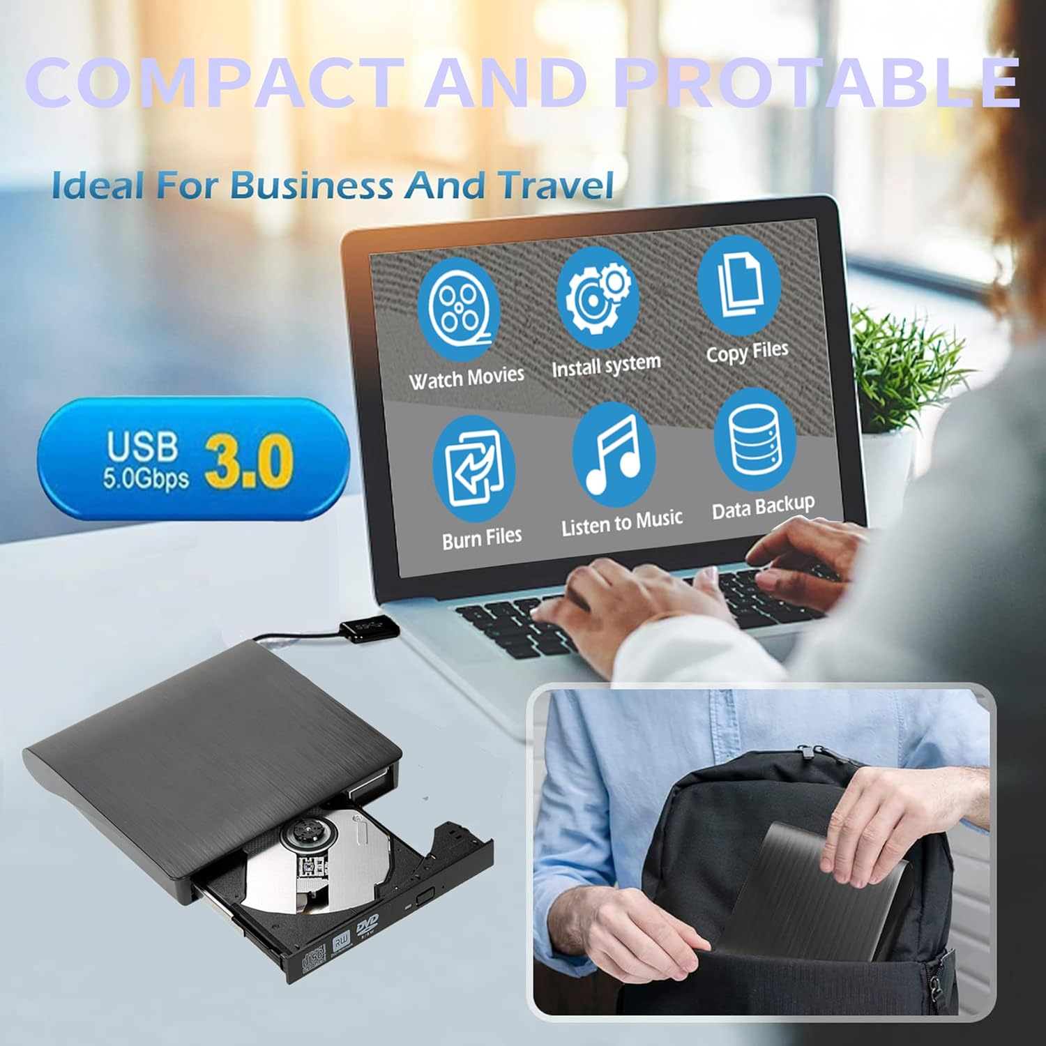 Antika External DVD Drive USB 3.0 TD Burner Portable CD +/-RW Drive DVD Player for ROM Rewriter Burner Compatible with Laptop Desktop PC Windows Macbook Linux Mac OS image number 6