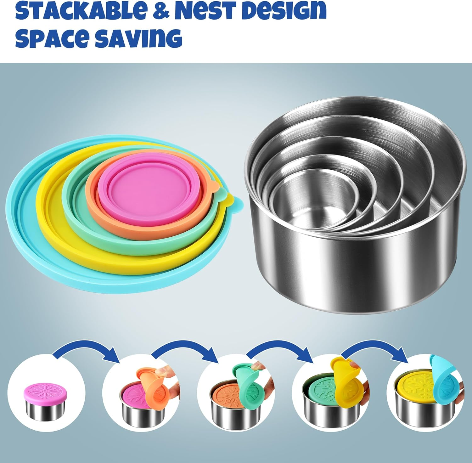 Homotte 304 Stainless Steel Containers with Lids Small for Lunch, Leak-Proof Stainless Steel Food Storage Containers for Back to School Kids, 5 Pack Stackable (2Oz, 4Oz, 8Oz, 14Oz, 24Oz) image number 1