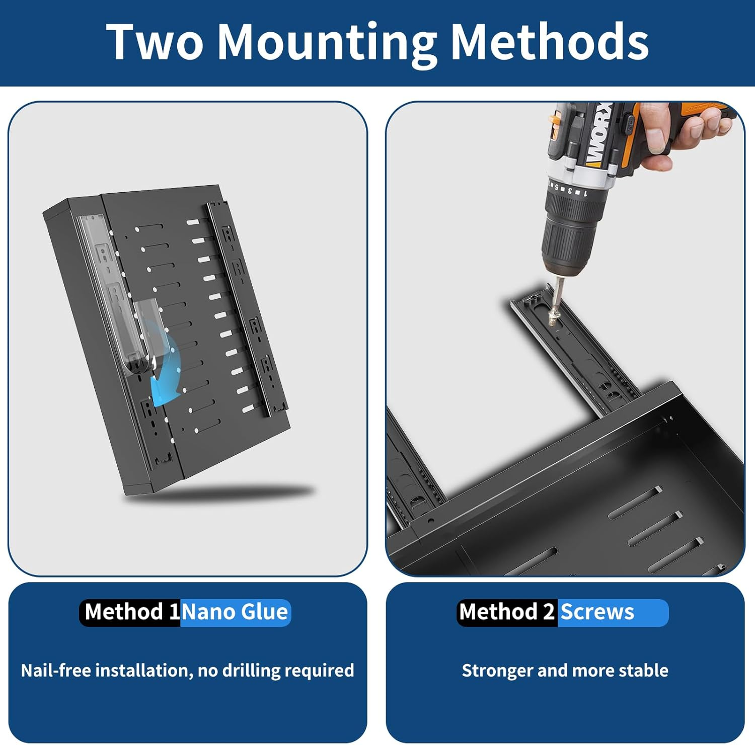 CHENDY Pull Out Cabinet Organizer, Expandable Heavy Duty Slide Out Drawers Fixed with Adhesive Nano Film for Pots - for Kitchen Base Cabinet Organization, Pantry, Bathroom (Black)