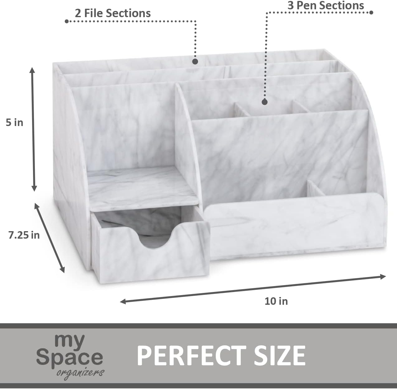 Acrylic Office Desk Organizer with Drawer, Marble 9 Compartments, All in One Office Supplies and Cool Desk Accessories Organizer, Enhance Your Office Decor Desktop Organizer (White Grey Marble) - Gray image number 7