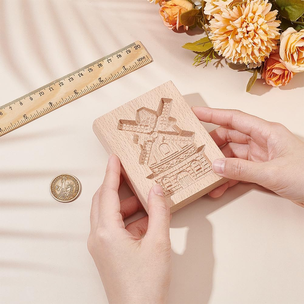 GOMAKRER 1 Pcs Carved Wooden Windmills Cookie Mold, Kitchen Wooden Cookie Cutter 3D Biscuit Press Stamp Molds Gingerbread Cookie Stamp for Christmas Kitchen DIY Baking Tools image number 1