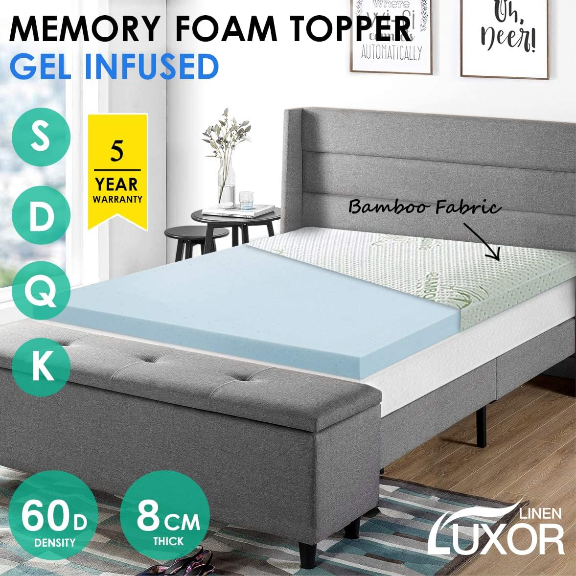 Luxor Memory Foam Mattress Topper Cool Gel Infused Bamboo Cover 8CM Underlay (Queen) image number 6