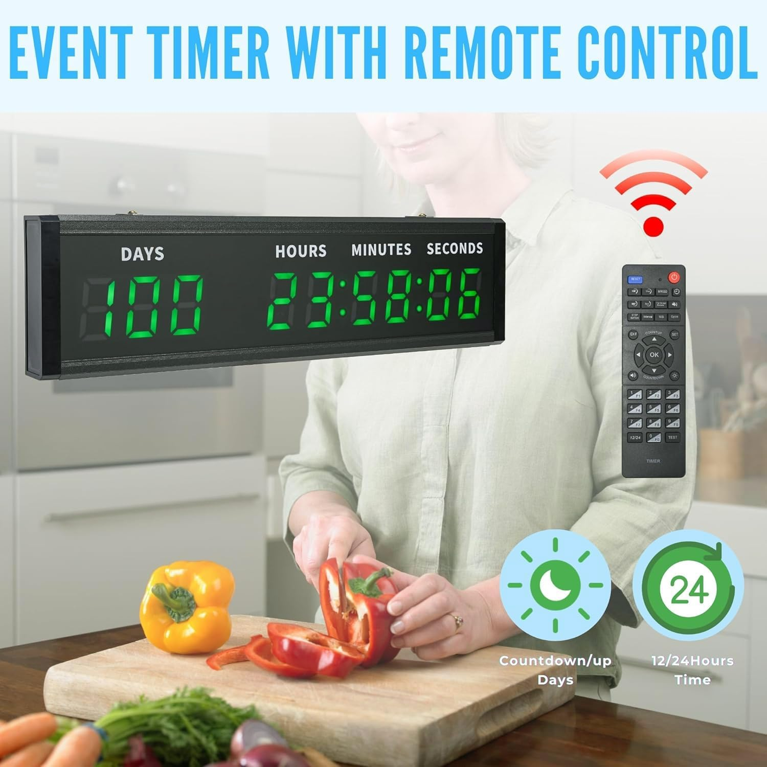 Digital Count up & Count down Timer, Large LED Display & 2" Bold Green Font, 999-Day Countdown, 12/24H Clock with Buzzer & Remote Control image number 6