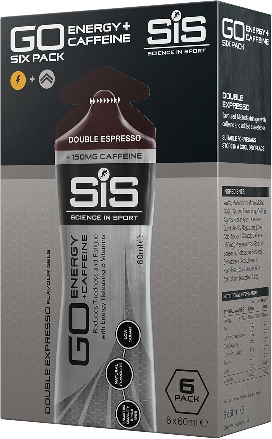 Science in Sport GO Isotonic Energy Gels, 150Mg of Caffeine, Running Gels with 22G Carbohydrates, Low Sugar, Double Espresso Flavour, 60Ml per Serving (6 Pack) image number 4