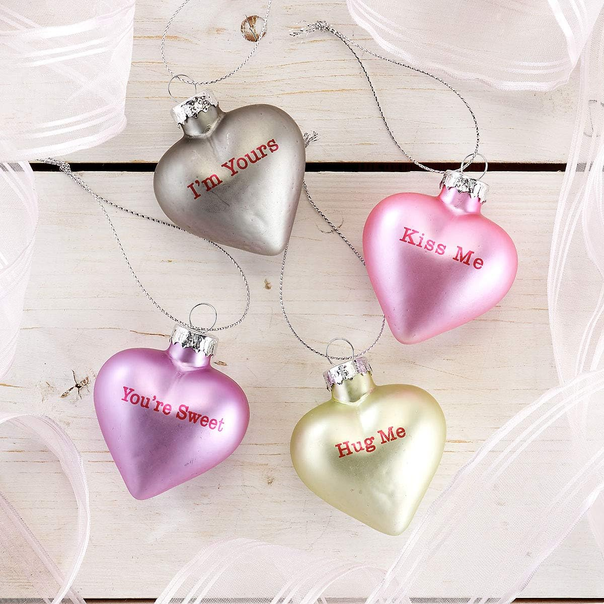 Lillian Vernon Candy Heart Glass Ornament- Blown Glass Valantines Day Hanging Ornaments, Set of 12