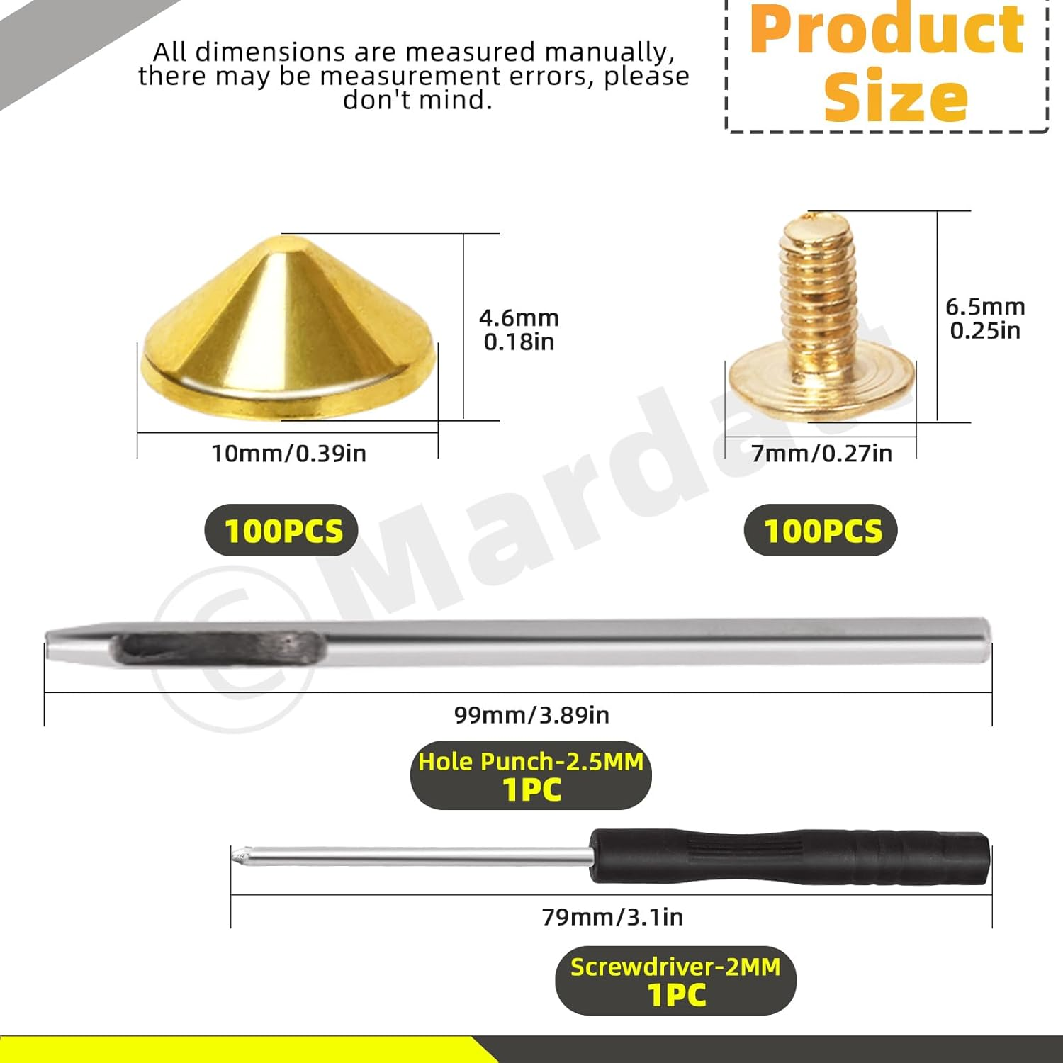 Mardatt 100 Sets 10Mm Gold Cone Spikes and Studs with Hole Puncher and Screwdriver, 4.7Mm Height Bullet Spike Cone Studs Screw Back Punk Studs and Spikes for DIY Leather Craft image number 5
