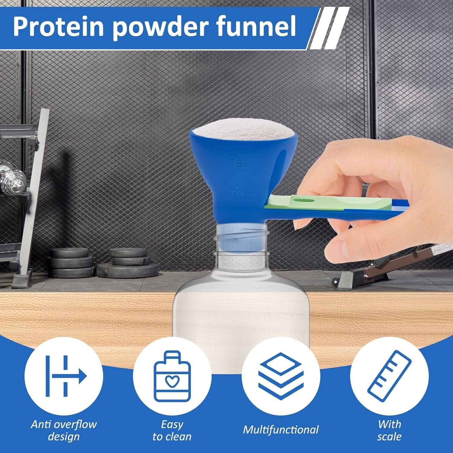 2 Pcs Sliding Measuring Scoop with Funnel, Powder Funnel Scoop with Longer Handle,Coffee,Protein Powder Scoop,No Spill Water Bottle for Supplements (Blue/Green) - Green image number 7