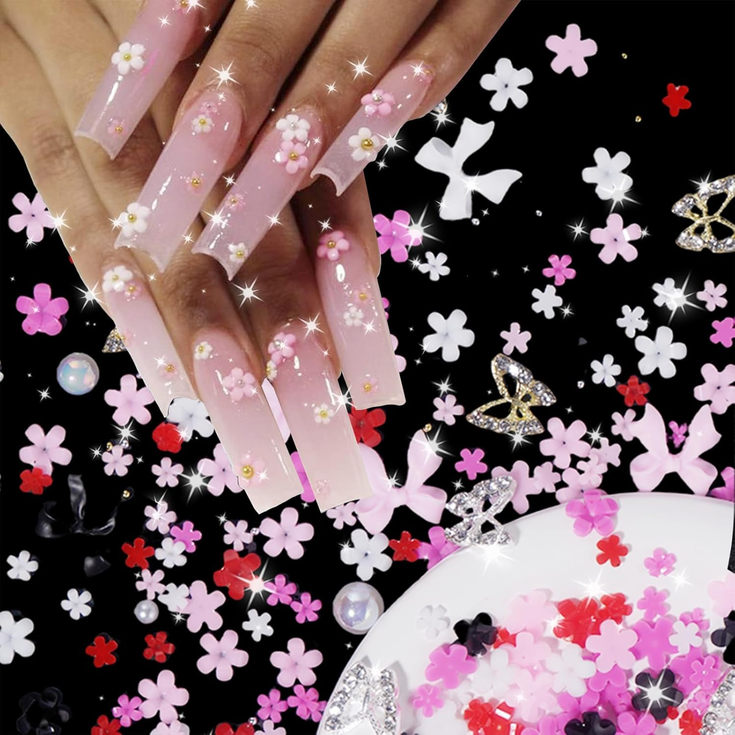 Tatiwoo Pink White Red Black Flowers Nail Charms Bow Tiny Blossom Flowers Acrylic Nail Charms Butterfly Nail Gems Charms for Manicure DIY Crafts Jewel Accessories, Small image number 4