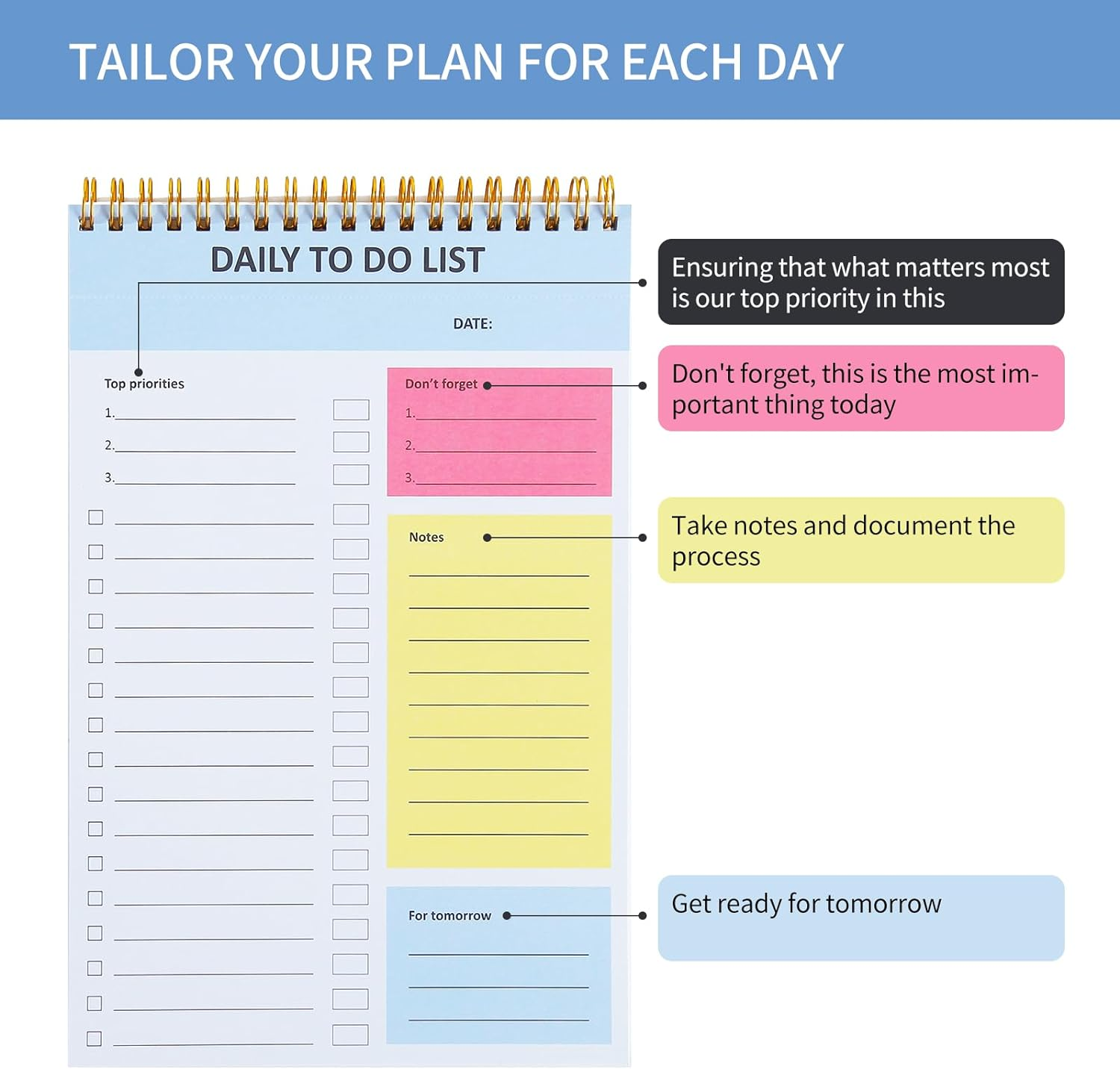 TRASEXTRA 62 Sheets,6 Pack,To Do List Notebook for Work Undated Daily Efficiency Organization Planner Daily Planner Pad 9.8X 6.5In,One Sheet per Day for One Year image number 4