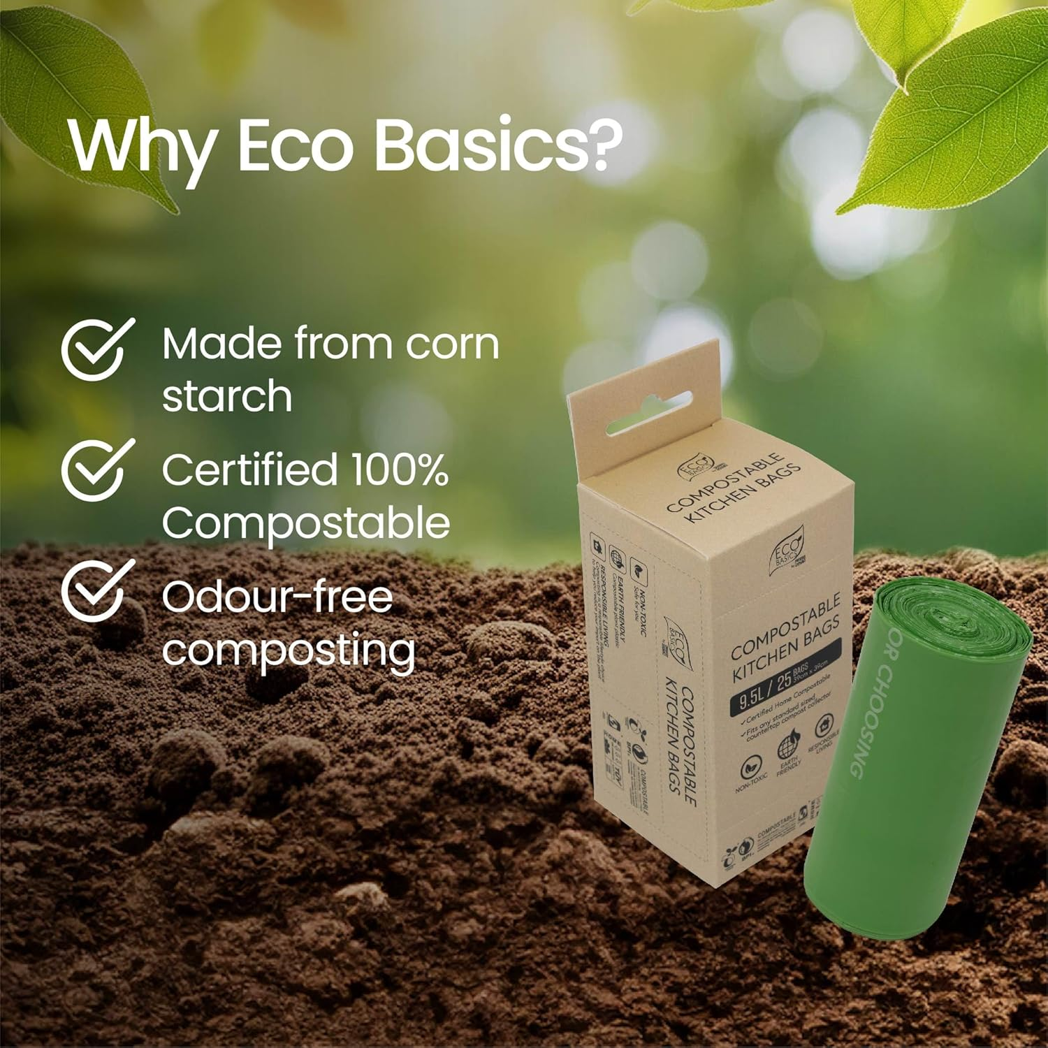 Eco Basics Compostable Kitchen Bags &ndash; 9.5L, 25 Bags (39X39Cm), Breathable Corn Starch Bags, Reduces Bacteria & Odor, Fits All Kitchen Scrap Bins image number 1