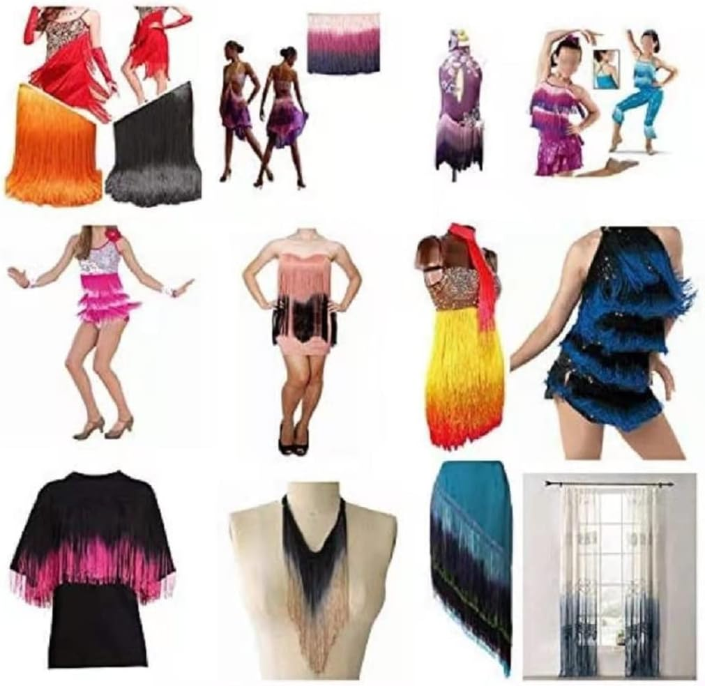 Fringe Trim Tassel 8 Inch Wide 2 Yards Long for Clothes Accessories Latin Wedding Dress DIY Decoration (3-Gold) - 2-Black Withsequins image number 6