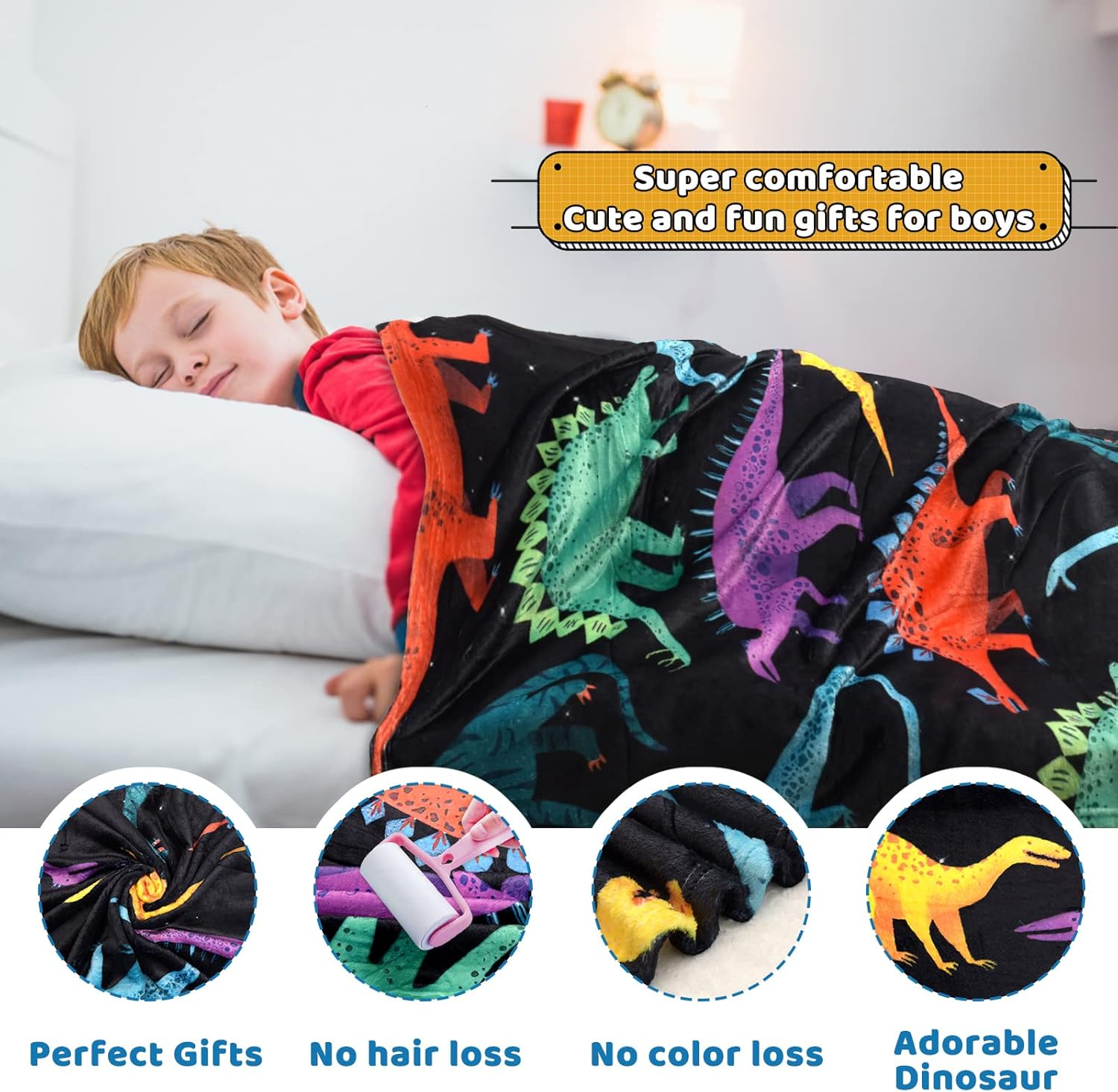Kids Dinosaur Throw Blanket for Boys Girls, Cute Dinosaurs Blanket for Sofa Bedroom Living Room - 40X50 Inches Black Blanket Dino Perfect Kids Gifts for Boys Girls Christmas Birthday Gift image number 3