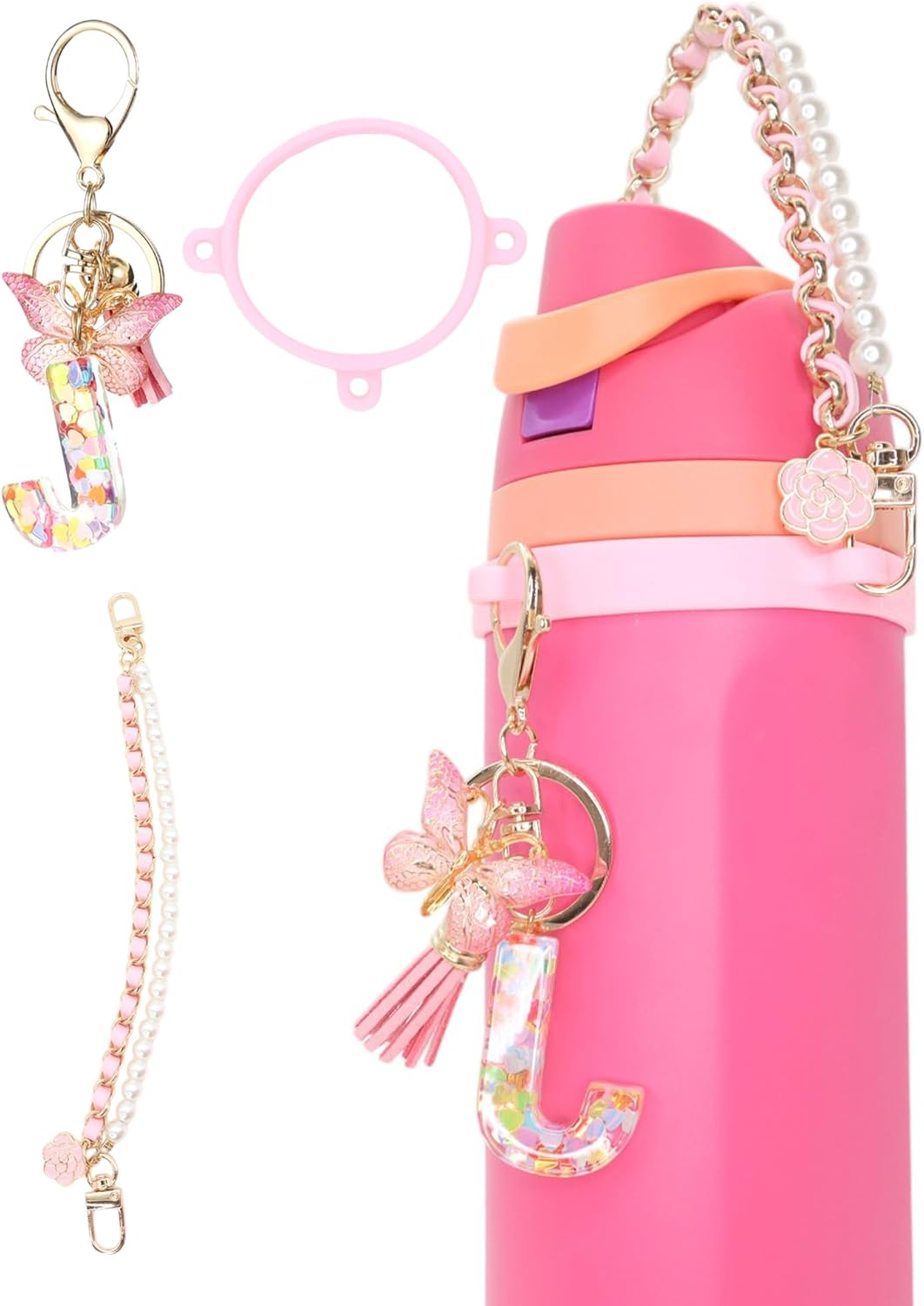 TOVICE Letter Accessories for Owala Water Bottle 24-40Oz, 3PC Cute Initial Keychain & Water Bottle Handle Strap with a Thick Elastic Silicone Ring Holder image number 5