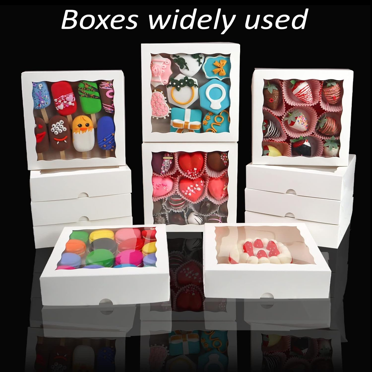 Romanticbaking 50Pcs 8X8X2 Inches Bakery Boxes with Window Cookies Boxes Chocolate Covered Strawberries Boxes Pretzel Boxes Cakesicle Browines Boxes image number 5