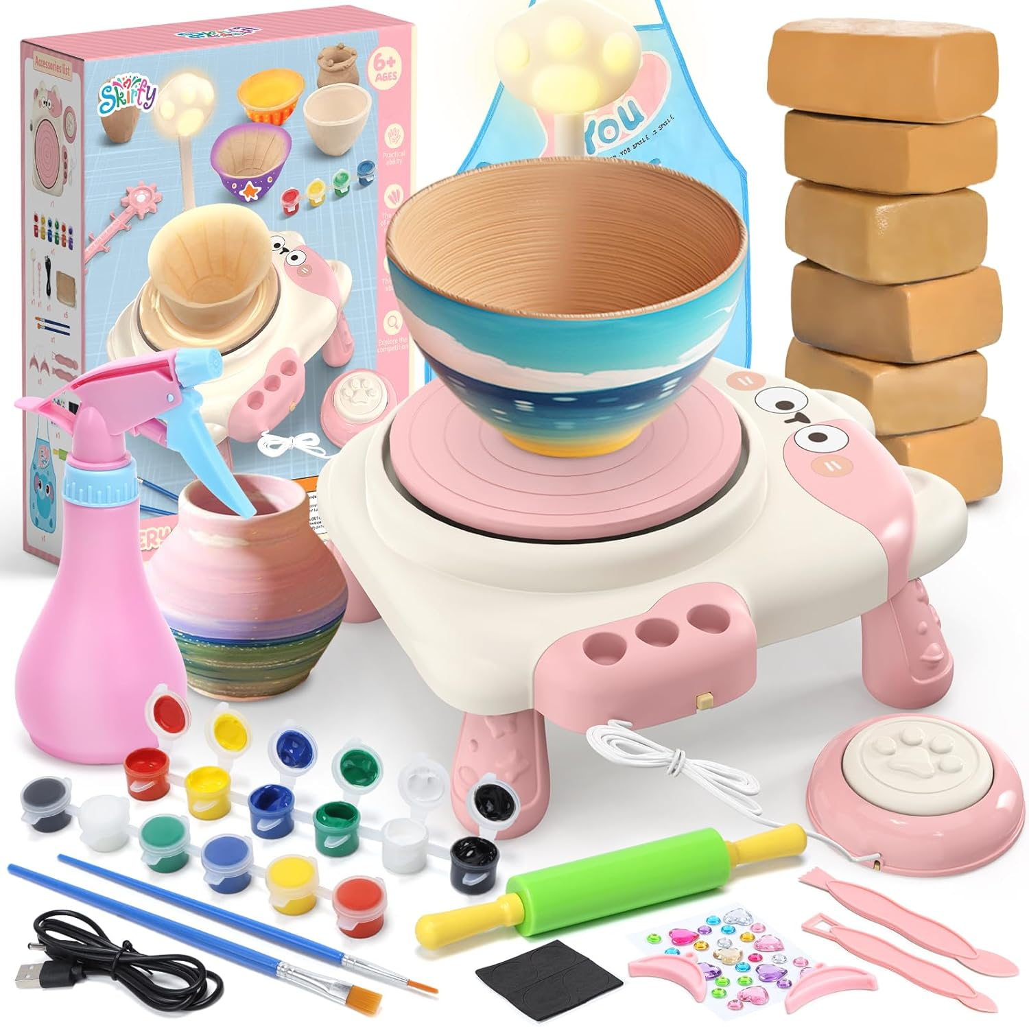 Skirfy Mini Pottery Wheel Machine Kit for Beginners Kids with Light,Electric Ceramic Wheel with Foot Pedal&Painting Kit, Adjustable Speed, Tiny Clay Spinner DIY Tools for Art Craft,Toy for Kids Age 6+ image number 4