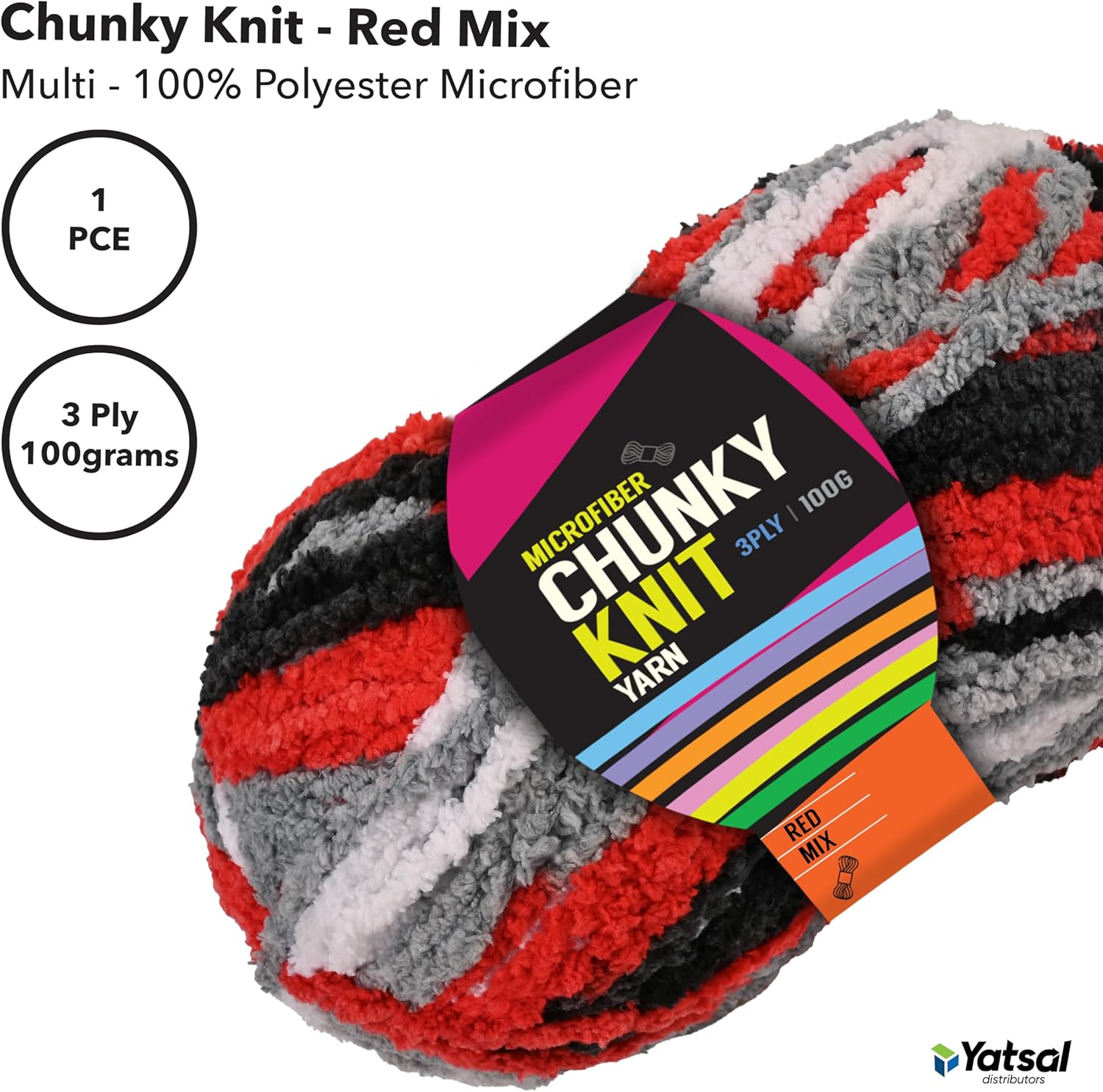 Yatsal Microfibre 3-Ply Chunky Knitting Yarn 100 G, Red Mix image number 1
