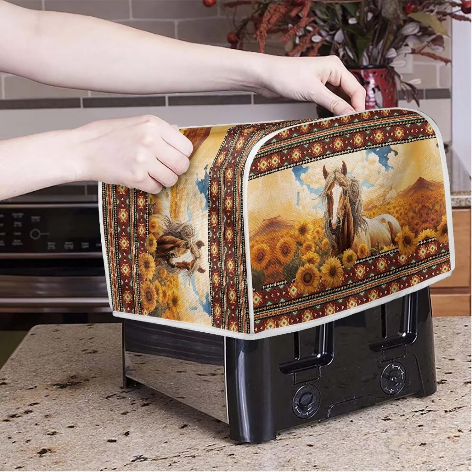 Wanzuoeng Aztec Tribal Toaster Cover 2 Slice, Horse Sunflower Print Microwave Toaster Oven Cover Dustproof Washable, Lightweight Bread Machine Cover for Home, Kitchen Accessories image number 2