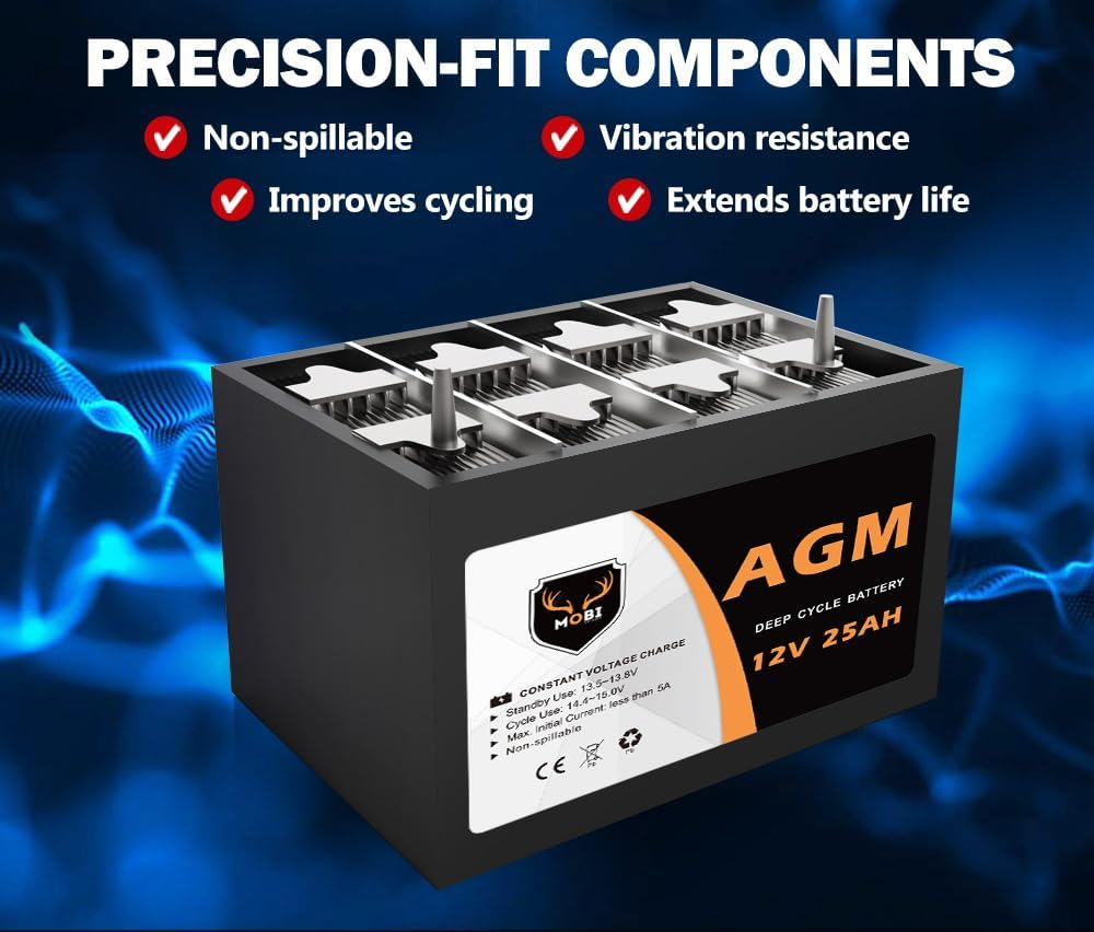 Mobi 25Ah 12V Deep Cycle AGM Battery, SLA Rechargeable & Portable, Maintenance Free for Marine Camping Solar Caravan 4WD image number 3