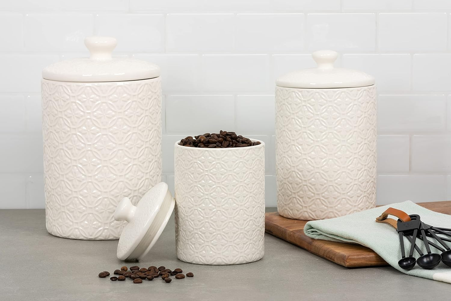 10 Strawberry Street Kitchen Canister, 3 Piece Set, Hampton White