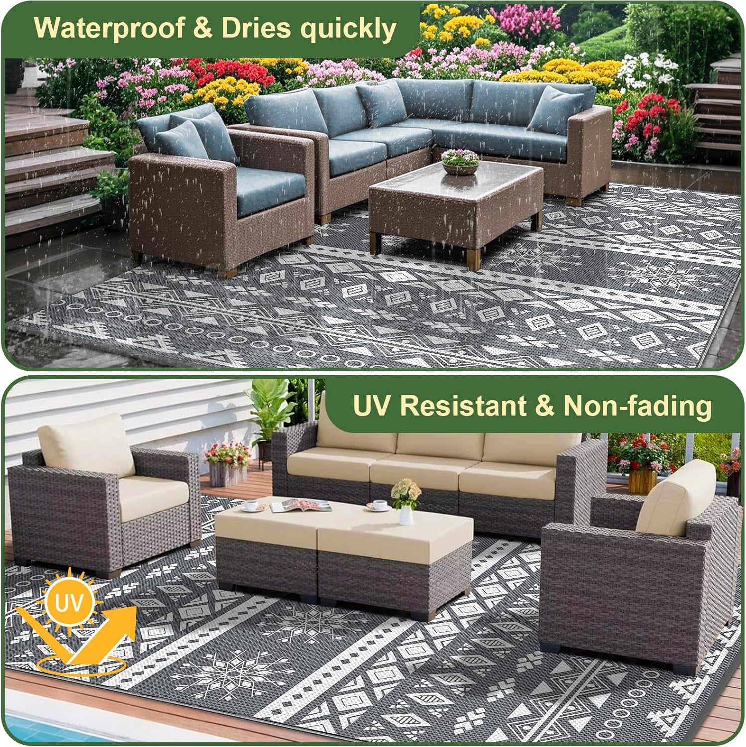 Mokani Outdoor Rug for Patio Waterproof, Reversible Garden Rugs 120X180Cm, Large Plastic Rugs, Lightweight Foldable Boho Area Rugs, UV Resistant Indoor Outdoor Carpet Mats for RV, Balcony, Beach, Deck image number 4