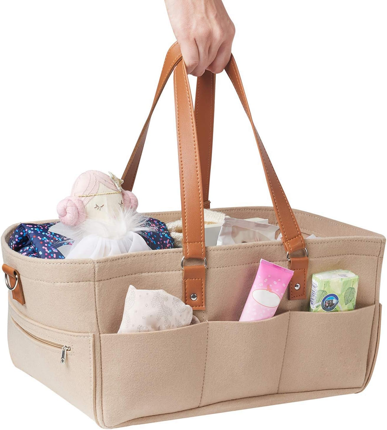 Monland Baby Diaper Organizer, Felt Basket Bag with Customizable Compartments, Leather Handles image number 3
