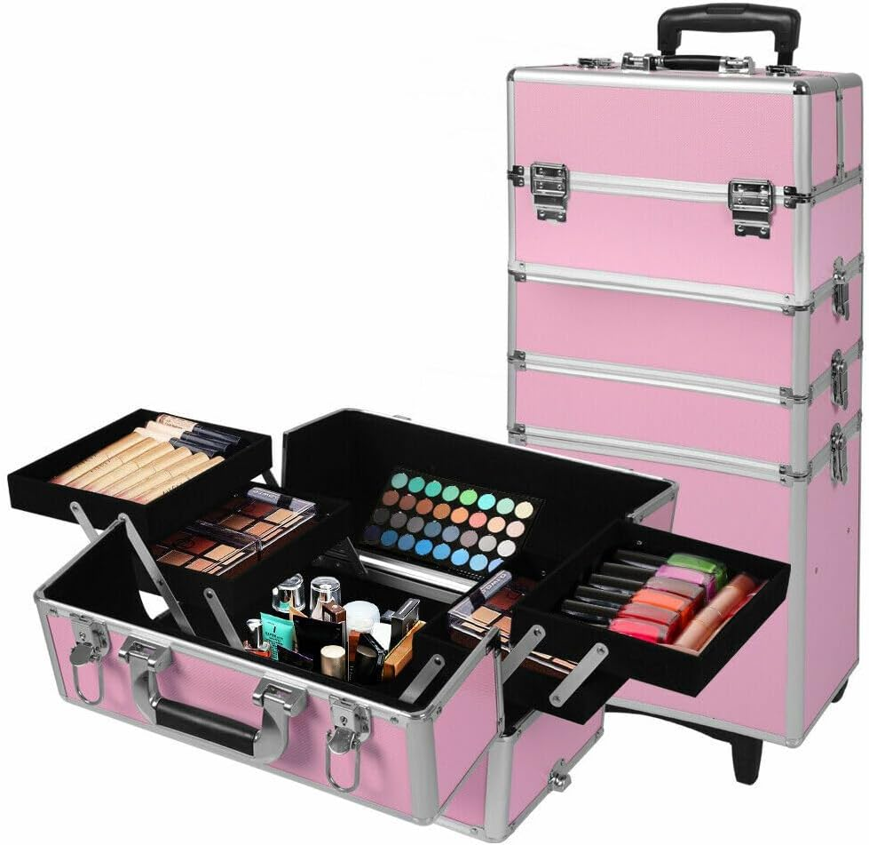 LEDON 7-In-1 Portable Makeup Trolley Case &ndash; Professional Beauty Hairdressing & Cosmetic Organizer with Wheels, Adjustable Dividers, Sliding Trays & Lockable Storage (Pink) image number 5