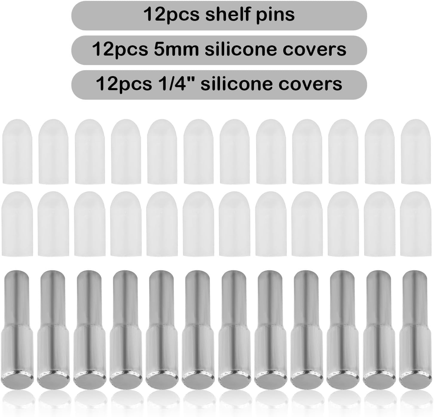 12Pcs Shelf Pegs, 1/4" 5Mm Stainless Steel Hardware Shelf Support Pins Kitchen Cabinet Shelves Holders with 24 Silicone Covers for Bookshelf Bookcase Cupboard Adjustable Wood Glass Shelving image number 4
