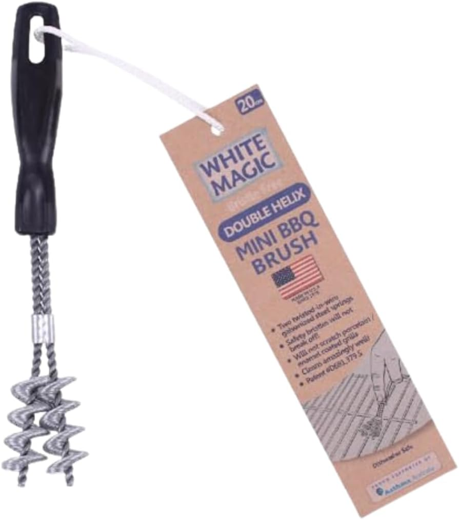 White Magic Mini Double Helix BBQ Brush - 20Cm, Made in USA, Patented Continuous Bristles, Compact Design, Dual Helix for Effortless Grill Cleaning, Ergonomic Grip, Dishwasher Safe