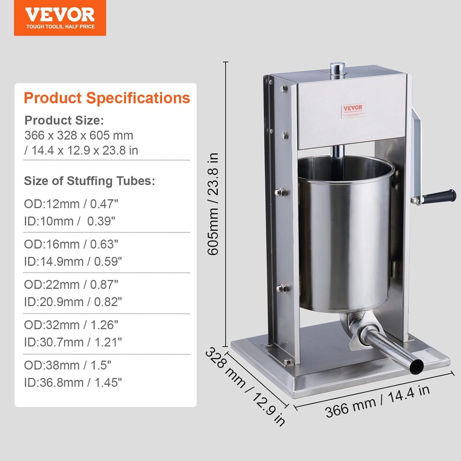 VEVOR Manual Sausage Stuffer, 10 L / 22 LBS Vertical Sausage Machine, Dual-Speed Meat Stuffer, Made of Food-Grade 304 Stainless Steel, Includes 5 Stuffing Tubes, for Home Kitchen Restaurant Commercial image number 6