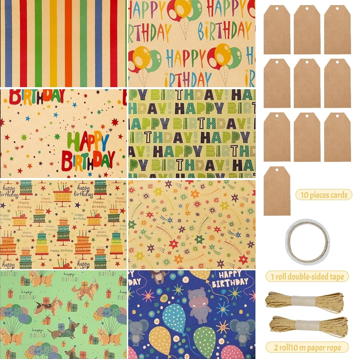 ZCOINS 8 Sheets Birthday Gift Wrapping Paper 70 X 50 CM with Hanging Tags Strings Tapes Recyclable DIY Present Wrapping Kraft Paper for Kids Women Men Birthday Baby Showers Kids Crafts Holidays image number 4