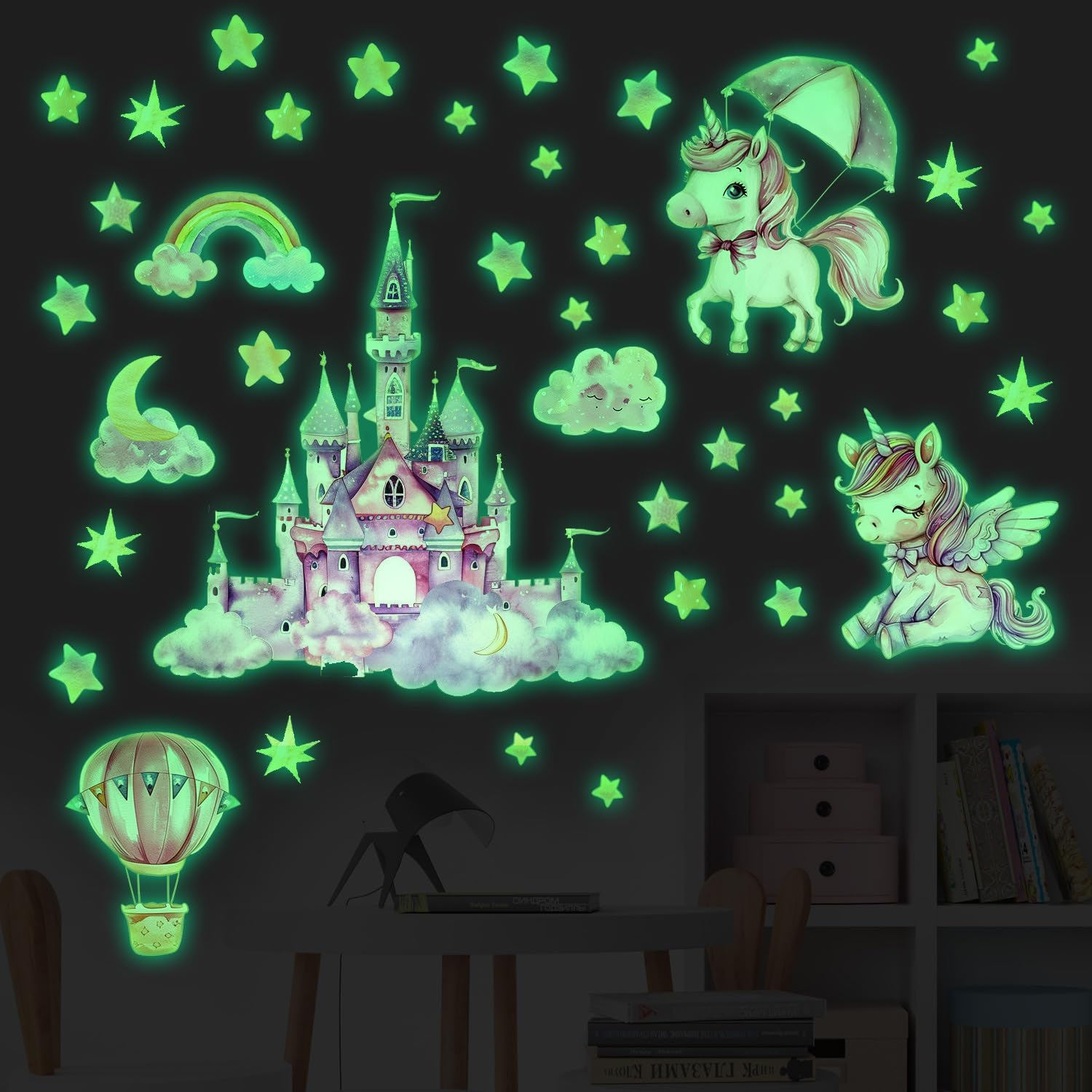 Glow in the Dark Unicorn Wall Decals, Glowing Castle Moon Star and Rainbow Stickers, Luminous Ceiling Decor for Kids Bedroom, Girls Gift (Unicorn Wall Decal) image number 3